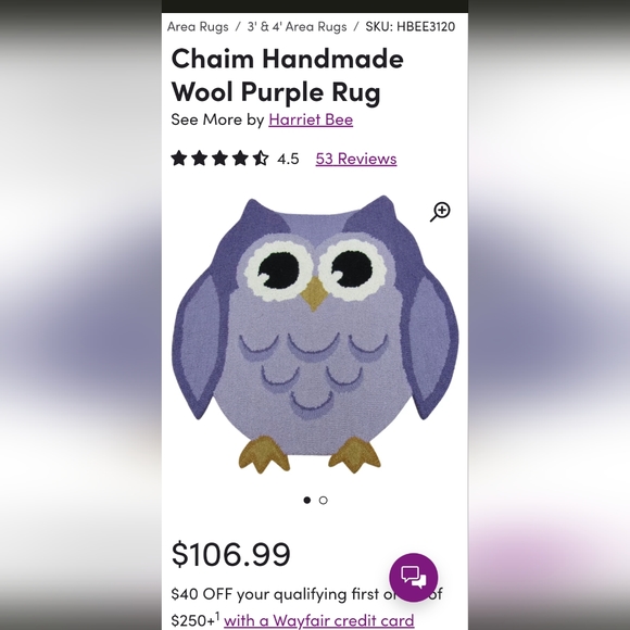 Owl-Shaped Handmade Wool Rug -Purple NWT - Picture 6 of 7